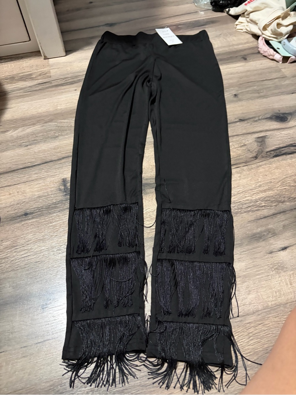 NWT Boutique Black Fringe Leg Pants